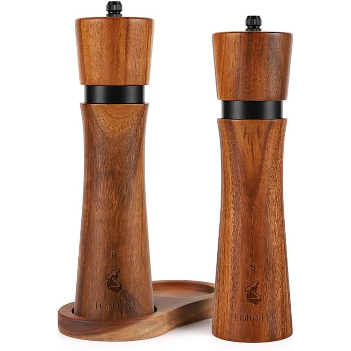 Дерев'яна мельниця для солі та перцю LORELEY® Mittelrhein Germany з керамічним механізмом – з підставкою та пензлем – у подарунковій коробці. Ідеальний подарунок на весілля або новосілля (Deluxe з нержавіючої сталі)