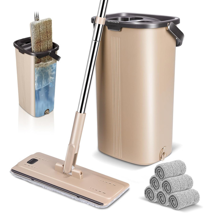 Myiosus Mop Set with Bucket, Mop, Floor Scrubber with 6 Microfiber Pads, 360° Flat Mop with Stainless Steel Handle, Space-Saving, Portable Mop Bucket with Wringing Function for All Floors