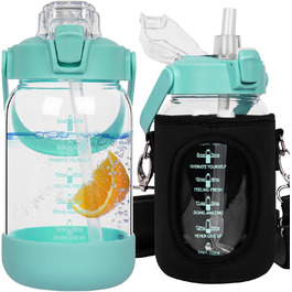 2l Glass Bottle | Drinking Bottle Glass with Straw & Time Marker, Leak-Proof 2 liter Large Glass Water Bottle for Smoothies, Carbonated Drinks Suitable, Dishwasher Safe (Light Green, 1000 ml)