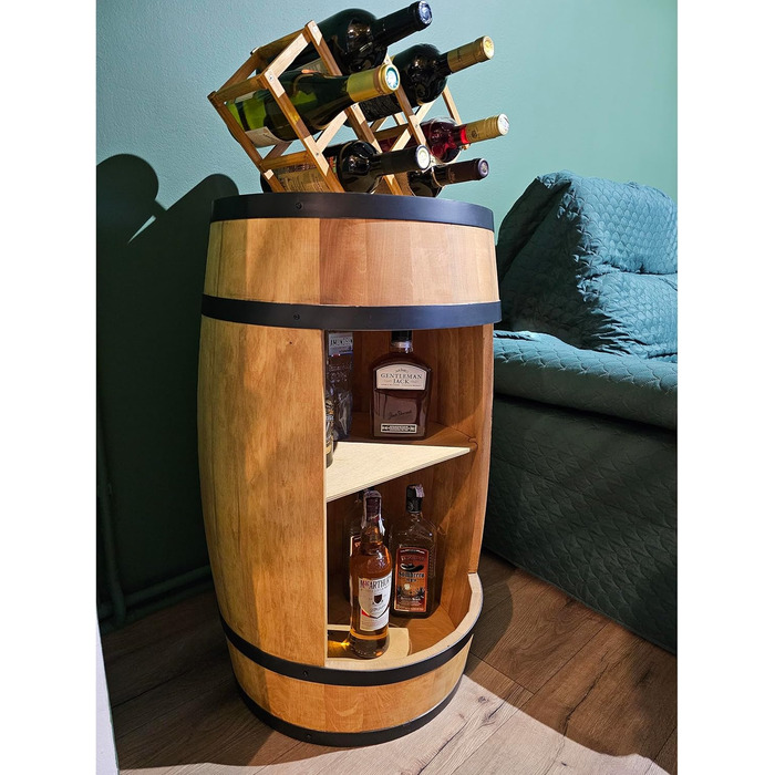 CREATIVE COOPER Fass bar LED RGB with wine holder - wine rack - wooden barrel home bar 80x50cm - rustic decor bar cabinet wine stand – wine cabinet (Light Brown)