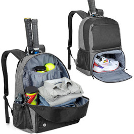 Рюкзак для тенісу DSLEAF з відділенням для взуття, сумка для 2 ракет, з м'якими лямками, сітчасте вентильоване відділення для взуття, для жінок та чоловіків (Сірий)