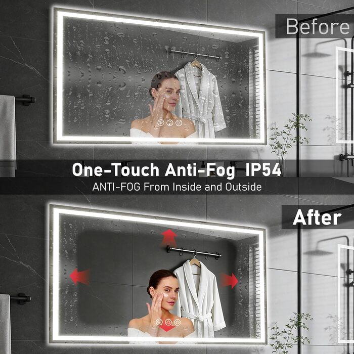 Дзеркало для ванної кімнати 50x70 см з LED-підсвічуванням, антизапарник, диммер, 3 кольори світла, Bluetooth