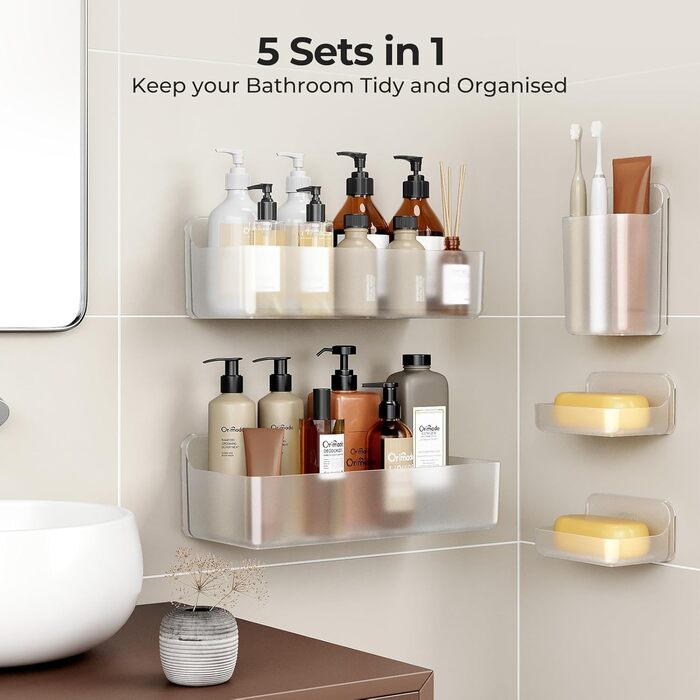 Rust-free, no-drill shower shelf Orimade, 5-piece shower rack, large capacity, clear no-drill bathroom shelf