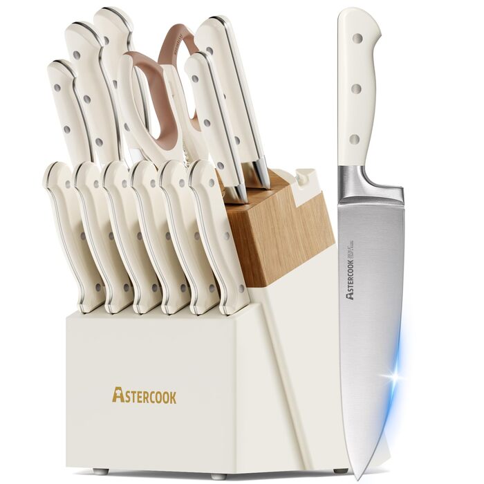 Набір кухонних ножів Astercook 14 предметів: ніж для м'яса, овочів, хліба, блок для зберігання, точилка, нержавіюча сталь, кремовий колір, антиковзкий ергономічний дизайн