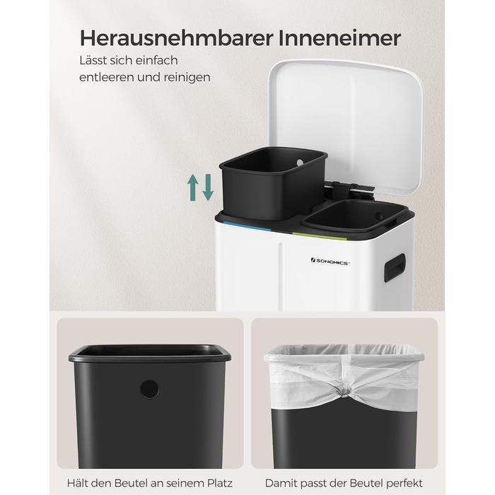 SONGMICS Відро для сміття 40 л з 2 відсіками (2 x 20 л), з педаллю, з металу, з пластиковим внутрішнім відром, з кришкою та ручками, Softclose, герметичне, біле LTB40WT