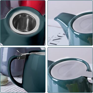 VIVILINEN Porcelain Teapot Ceramic Handmade 18/8 Stainless Steel Infuser Stainless Steel Fine Mesh Infuser with Filter (Green)