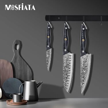 Ніж кухарський MOSFiATA Дамаск 8 дюймів - Японський кухонний ніж з дамаської сталі з набором (3 шт.)