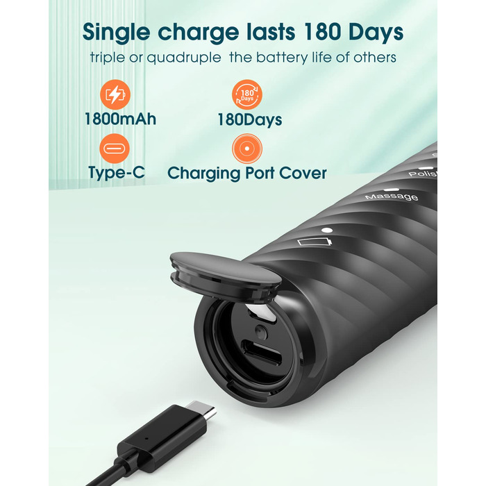 Електрична зубна щітка для дорослих з 6 насадками, перезаряджувана звукова щітка, чорна (1 шт.)