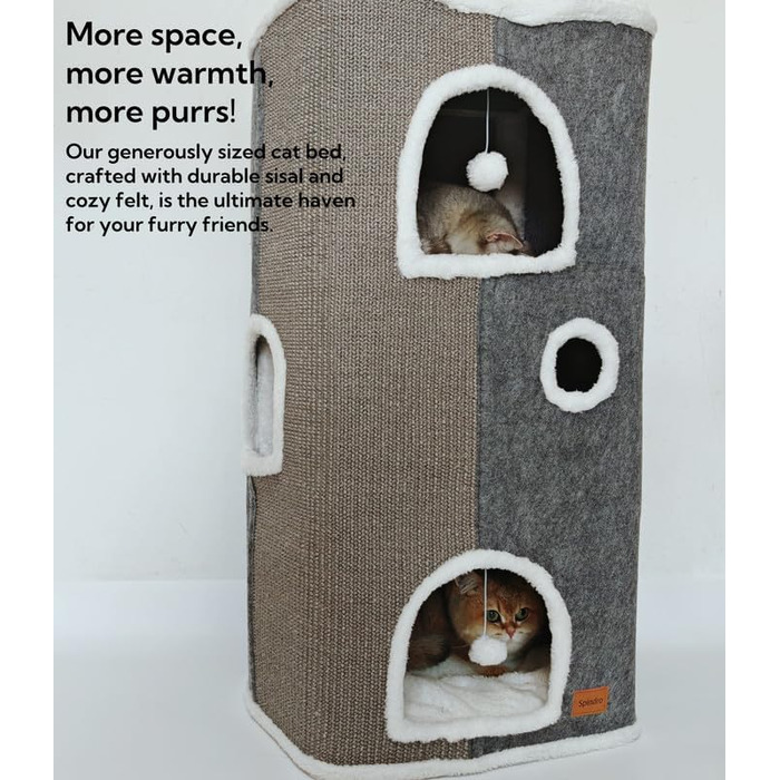 Spindro Cat Cave Cat Bed Large, Cat House Indoor Cat Sleeping Place with Removable Sherpa Cat Cushion and Hanging Toy, Cat Bed, Light Grey 42x42x33cm (4 level (42cmx32cmx84cm), Grey)