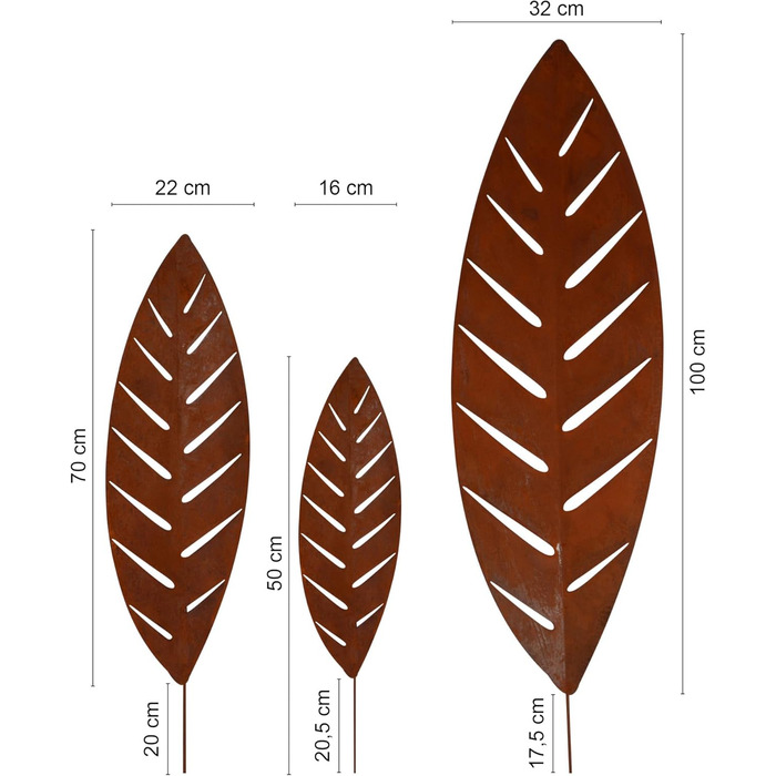 UNUS Garden Stakes Palm Leaf, Set of 3, Garden Decoration with Rust-Look, Decoration Leaf made of Weatherproof Stainless Steel for Garden, Balcony, Terrace or Flower Pot