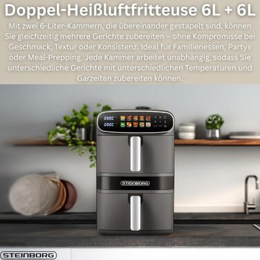 Фритюрниця Steinborg® Heißluft XXL 12 літрів з подвійною камерою, 6+6 літрів, для смаження, запікання, сушіння та грилю без олії