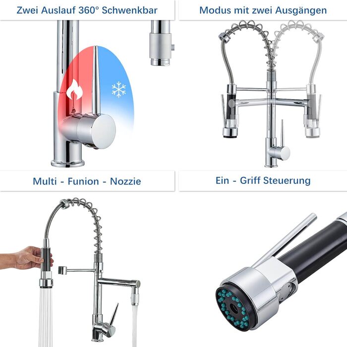 Кухонний змішувач з гнучким виливом, 360° поворот, 2 виходи, високий вилив, душова лійка, для мийки, брашований нікель