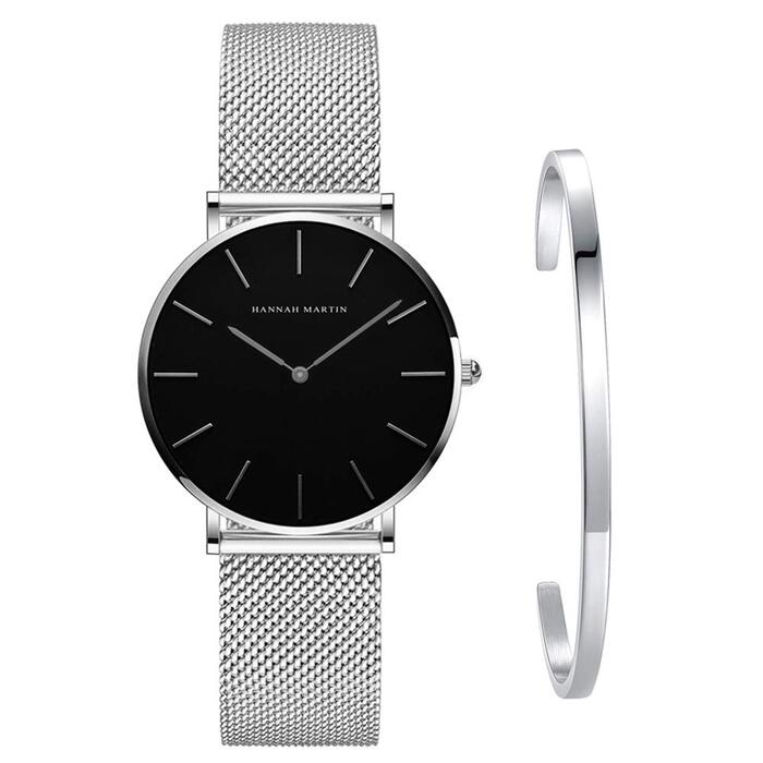 Жіночий годинник: аналоговий кварц, нержавіюча сталь, водонепроникний, сітка, ультратонкий комплект з браслетом (чорний корпус, срібний ремінець, срібний браслет)