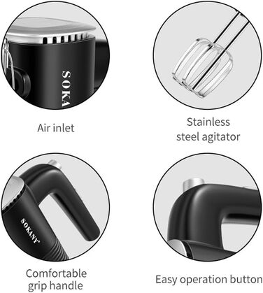 Міксер SOKANY 800W з нержавіючої сталі, 5 швидкостей, 3-в-1 (з гаками для тіста та вінчиками), Sk-02001