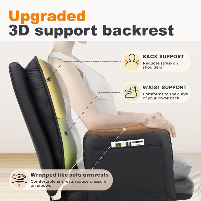 Офісний крісло IWMH з PU шкіри, ергономічне, регульоване, з підлокітниками та реклінером (90-135°), чорне