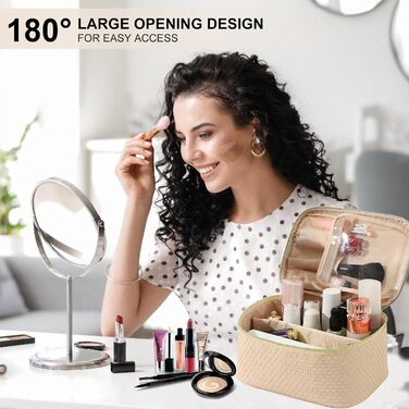 Жіноча косметичка для подорожей, водонепроникна, з відділенням для пензликів, з PU шкіри, велика, оливковий зелений (M Beige)