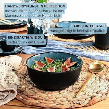 Набір посуду SÄNGER Vigo (18 предметів) | Керамічний набір посуду на 6 осіб | Тарілки, миски, десертні тарілки | Bluе з чорним бордюром, стійкий до подряпин