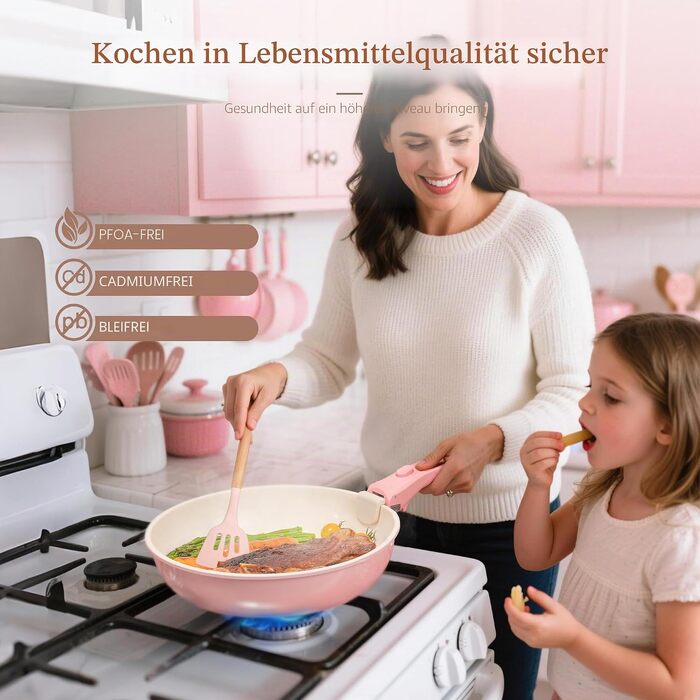 Набір посуду Astercook з керамічним антипригарним покриттям, 21 предмет, зі знімними ручками, для індукційних плит та духовки, рожевий