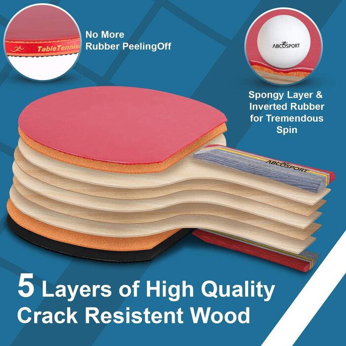 Набір для пінг-понгу Abco Tech: 4 ракетки з м'яким покриттям та 6 м'ячів, для професійних та любительських ігор, 2-4 гравці