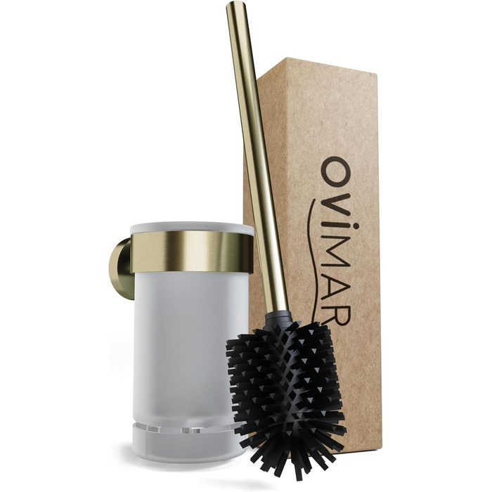 Набір для чищення унітазу Ovimar Finnkona з кріпленням на стіну без свердління | Силіконова щітка для унітазу з вентиляцією | Виготовлена з порошково-пофарбованої нержавіючої сталі | Змінний насадка для унітазу (золота)