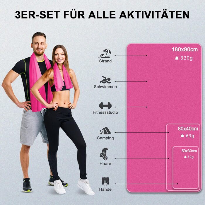 Набір рушників з мікрофібри (3 шт.) – швидковисихаючі, для подорожей, спорту, пляжу (180x90cm, 80x40cm, 50x30cm), рожеві