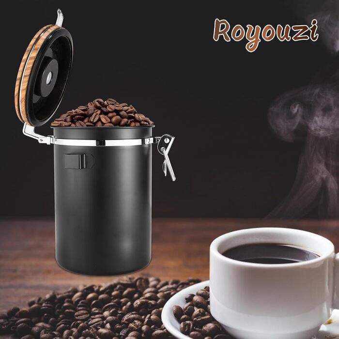 Контейнер для кавових зерен Royouzi з нержавіючої сталі 304 з випускним клапаном, багаторазовий контейнер для зберігання з мірною ложкою, багатофункціональне герметичне скло для дому та офісу (чорний)