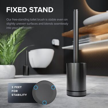 Торцева щітка для унітазу Arosund | Силіконова щітка для унітазу | З вентиляцією | Свободно стояча | Головка щітки з нержавіючої сталі | З резервуаром для мийного засобу | Знімний піддон для крапель | Щітка для унітазу (Gunmetal)