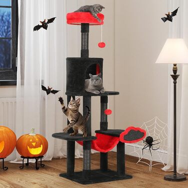 Котячий комплекс YITAHOME XXL, 142 см, з 8 стовпчиками сизалю, 3 платформами, 2 хованками, гамаком, іграшками, чорно-червоний