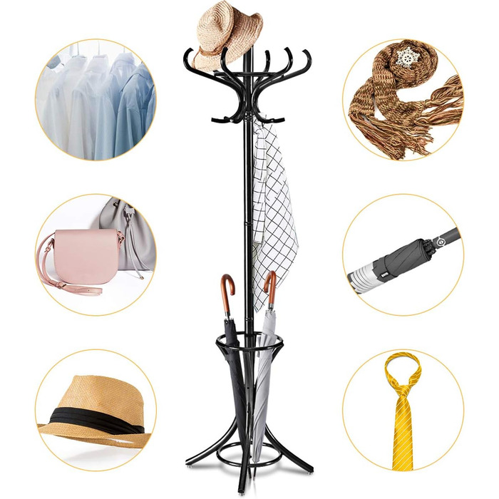 COSTWAY 184cm Wardrobe Rack with Umbrella Holder, Coat Rack with 12 Clothes Hooks, Clothes Rack made of Wood, Freestanding Coat Rack for Entryway, Living Room and Bedroom (Black)