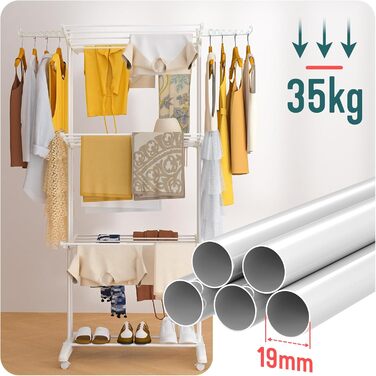 Внішній та внутрішній сушильний стелаж для білизни Vounot® з 4 ярусами, 125x62x173 см, з колесами та розкладними крилами