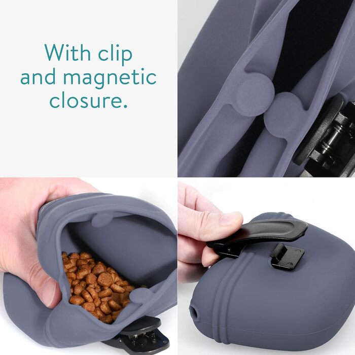 Набір з 2 силіконових мішечків для корму Navaris - мішечки для ласощів з кліпсою та магнітом - для сухого, вологого корму та ласощів (сірий & фіолетовий)