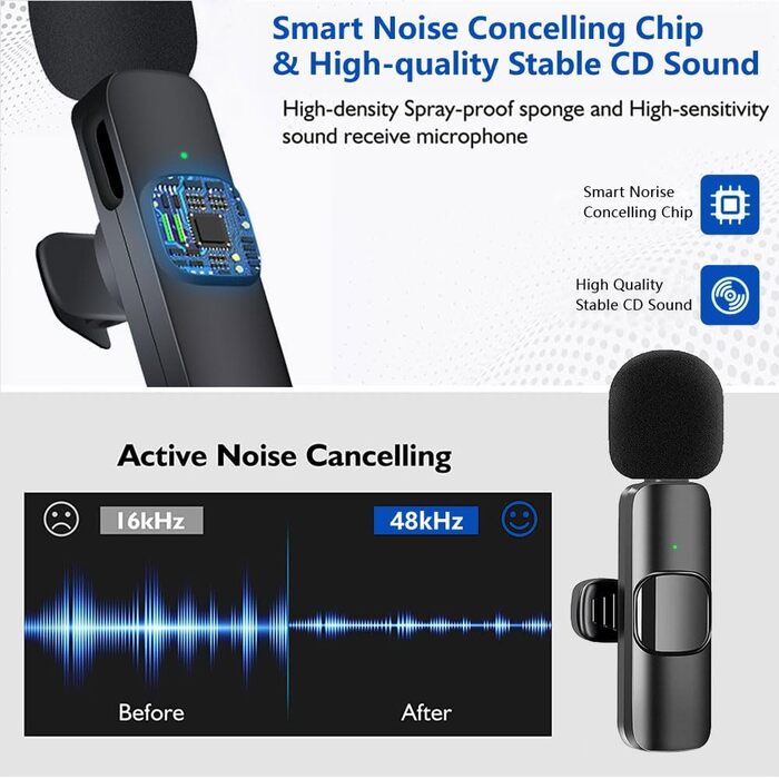 Беспроводной петличный микрофон 2St для iPhone/iPad: Plug-and-Play, шумоподавление, для видеоблогинга, YouTube, TikTok (2 шт.)