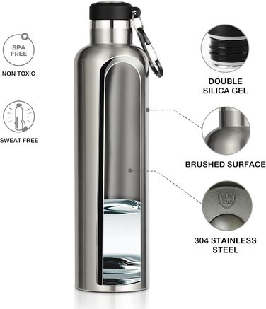 FEIJIAN FJbottle 316 Stainless Steel Vacuum Insulated Water Bottle 750ml/1000ml with Carabiner, BPA-Free Bottles, Leak-Proof Sports Bottle for Sports, Work, and Travel (750 ml)