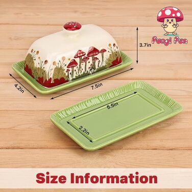 Fun Mushroom Butter Dish with Lid for Countertop - Ceramic, Red Mushroom Butter Container, Butter Tray, Large Butter Dish (White, Standard)