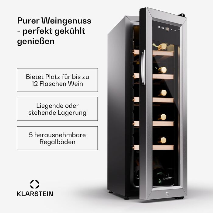 Klarstein Wine Fridge - 16 Bottle Compact Wine Cooler with Glass Door - Stainless Steel - 5-18°C Temperature Control
