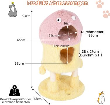 Дерев'яний кігтеточки для котів Costway з будиночками, 93 см, рожево-жовтий, з м'ячем