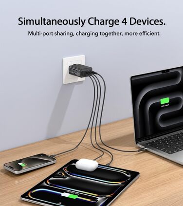 Зарядний пристрій USB-C 65W з 3 портами, кабель 2м, для MacBook, iPhone, Switch, Galaxy, Tablet, Laptop (Чорний)
