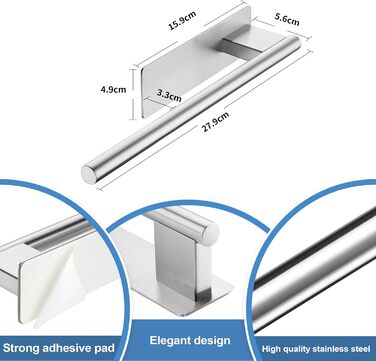 Тримач для рушників без свердління, подвійний, 304 нержавіюча сталь, рушник-перекладина з двома підлокотниками, самоклеючий, для гостьових рушників, монтаж на стіну для ванної кімнати та кухні (срібний)
