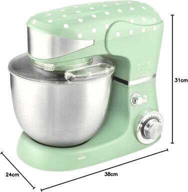 Kalorik TKG M 3014 MI Design Kitchen Machine with 5 Liter Stainless Steel Bowl, Die-Cast Mixing and Dough Hooks, 6 Speed Settings, Stainless Steel Whisk, Powerful 1000 Watt, Mint