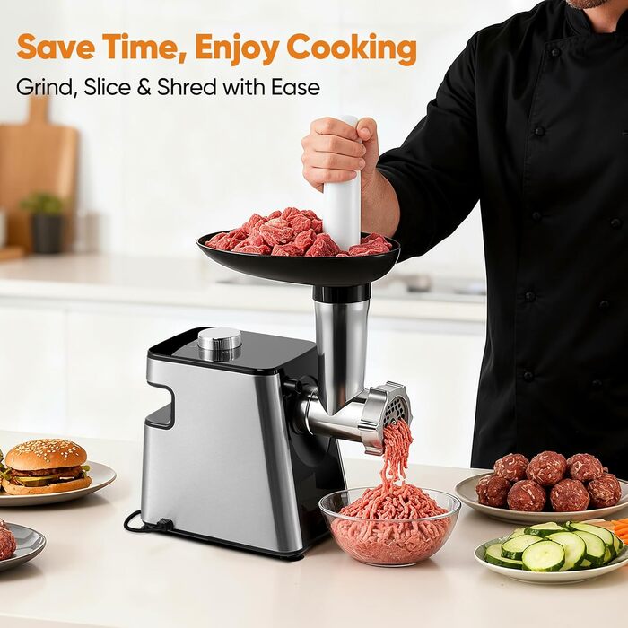 Електричний м'ясоруб 2800 Вт з насадками для овочів та сиру, кухонний комбайн 5-в-1 для м'яса, овочів, сиру та приготування ковбас