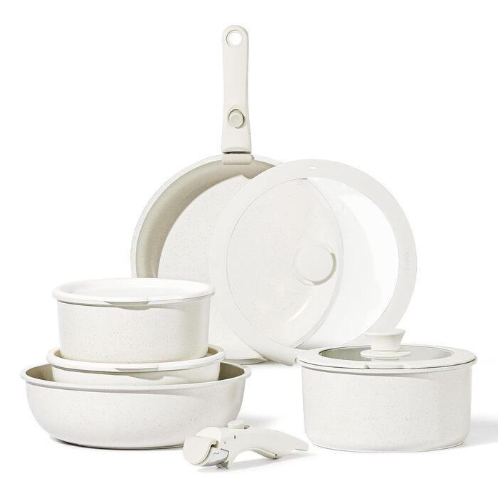 Набір посуду з антипригарним покриттям 11 предметів з знімними ручками. Підходить для індукційних, газових плит, духовки та мийки. Без PFAS (білий)