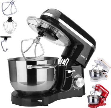 Arebos 1500W Stand Mixer with 6L Stainless Steel Bowl | Black | Includes Dough Hook, Whisk, Beater | Splash Guard | 6 Speed | Kitchen Mixer | Dough Machine