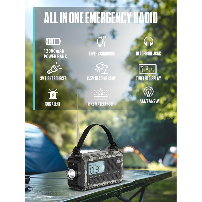 Радіо на сонячній батареї та з ручним генератором | Powerbank 12000mAh | AM/FM/SW, SOS, USB-C, IPX4, ліхтарик | для кемпінгу та відпочинку на природі (Граутарт)