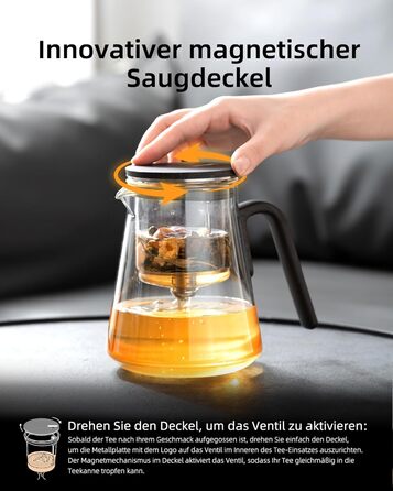 Чайник ZENS Magic з боросилікатного скла з ситом, 1000 мл, з магнітним кришкою та ручкою з чорного горіха