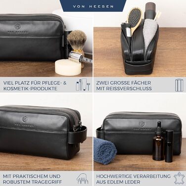 Чоловіча та жіноча косметичка VON HEESEN з натуральної шкіри - дорожня сумка, несесер для подорожей, чорна, велика (2 відділення)