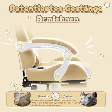 Ігровий крісло Dowinx з вушками для дівчаток, ергономічний геймерське крісло з масажем, регульованою підніжкою та підголівником, коричневе, до 135 кг