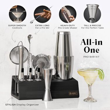 Bare Barrel Pro Cocktail Set - 14-Piece Boston Shaker Bar Set with Stand & Recipe Cards - Jet Black & Silver