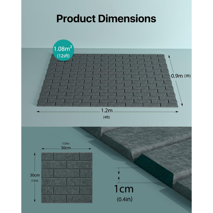 Самоклеючі акустичні панелі для шумоізоляції стін, звукопоглинаючі плити-цеглини високої щільності для декору та звукозахисту, 30x30x0.9 см, темно-сірі (12 шт)