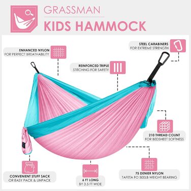 Дитяча гамак Grassman для кемпінгу: портативна, ультралегка, рожево-блакитна. Гамак для дівчаток та хлопчиків з ременями