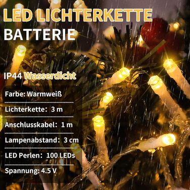 Льод-гірлянда LED 200 LED на батарейках: тепле світло, водонепроникна, з пультом, для декору саду, вечірки, балкона, ялинки